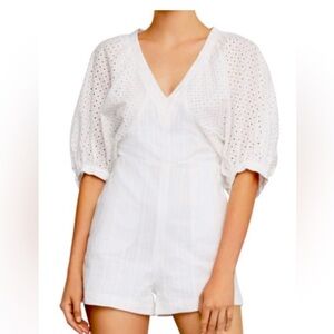 BCBG MaxAzria White Eyelet Balloon Sleeve Romper, Size XXS NWT